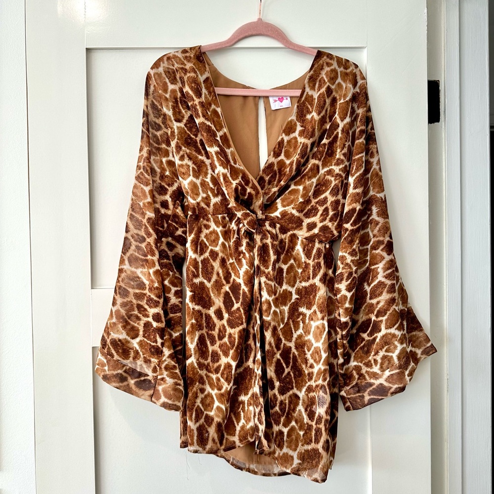V-Neck Long Sleeve Tan Mini Dress
